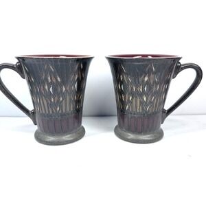 Denby England Pottery‎ Coffee Mug Set Gothic Geometric Burgundy Gray Cups